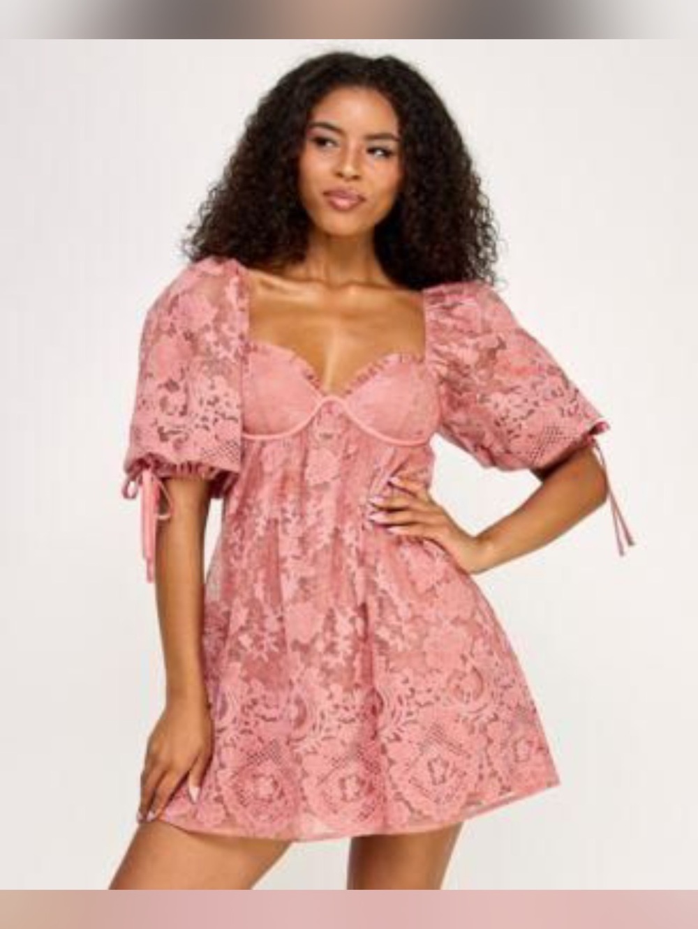 Romantic Pink Lace Mini Dress with Puff Sleeves